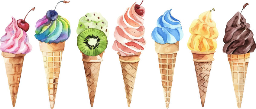 watercolor illustration of different ice cream on sticks, chocolate with kiwi and colorful swirls with cherry in cone isolated white background