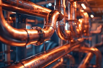 Copper boiler room pipes, modern heating system, plumbing service, industrial background, 3D
