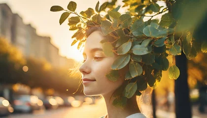 Foto op Plexiglas human head and tree leaves concept of meditation human desire to unite with nature and find peace in a noisy and dirty city ai generative © Kira