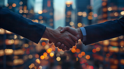 A closeup shot of two business people shaking hands in front of an office building