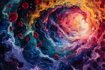 Captivating Cosmic Eruption A Vivid Acrylic Painting Exploring the Dynamic Motion of Blood Cells in a Surreal Cosmic Landscape - obrazy, fototapety, plakaty