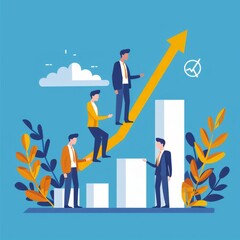 Obraz premium Growth strategy, team businessman collaboration to grow business success, teamwork or partnership to develop or improve work efficiency concept, businessman employee team help grow rising arrow chart.