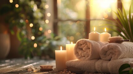 Spa ambiance with fluffy towels, lit candles and natural elements on wooden surface
 - Powered by Adobe