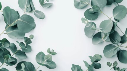 Frame made of eucalyptus branches on white background. Flat lay, top view, mock up