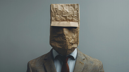Busto maschile con volto coperto da sacchetto di carta, sacchetto del pane in faccia, vergogna, anonimo