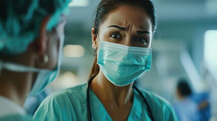Female nurse puts on her protective mask while talking to a patient in hospital - obrazy, fototapety, plakaty