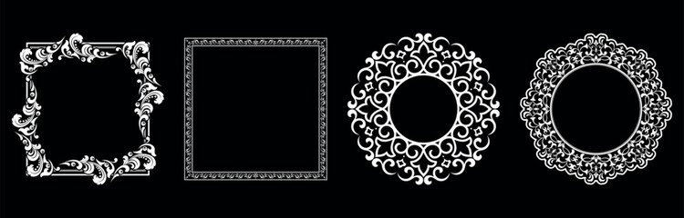 Set of decorative frames Elegant vector element for design in Eastern style, place for text. Floral black and white borders. Lace illustration for invitations and greeting cards. - 775528976