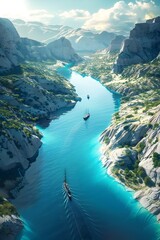Majestic Mountain River with Boats Navigating the Scenic Waterway - obrazy, fototapety, plakaty