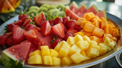 Showcase a variety of colorful summer fruits like watermelon, strawberries, mangoes, pineapple, oranges, or peaches, emphasizing the natural ingredients