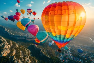 Hot Air Balloons Soaring Above a Captivating Parachute Jump Event in a Breathtaking Outdoor Setting - obrazy, fototapety, plakaty