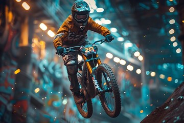 Thrilling BMX Bike Freestyle Competition in an Illuminated Urban Stadium with Graffiti Adorned Buildings - obrazy, fototapety, plakaty