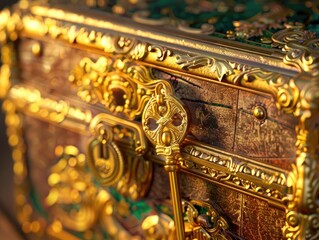 A golden key unlocking an ornate treasure chest teasing the mysteries and riches within