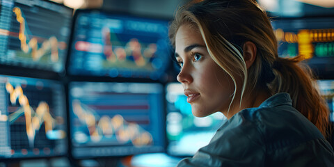 a young beautiful woman looking at the monitor with stock market data. Trading and financial concept., side view of a female data analyst is looking at a bunch of data visualization and various graphs