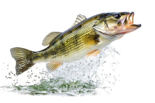 Fresh largemouth bass fish jumping out of water, isolated on white background, photo illustration