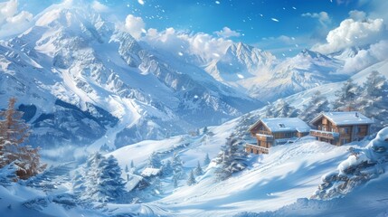 Alpine skiing Easter eggs with snowy slopes and cozy cabins