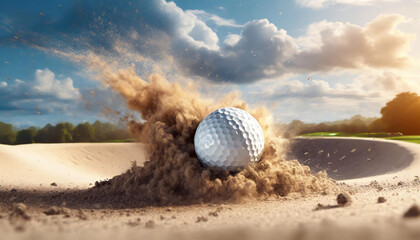 Golf ball landing in a sand trap at a golf course, Generative AI, Digital Art