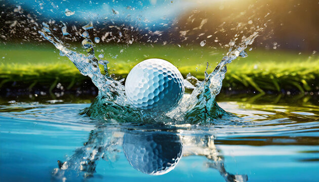 Golf ball landing in the water hazard at a golf course, Generative AI, Digital Art