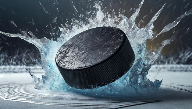Hockey Puck Shattering The Ice, Generative AI, Digital Art
