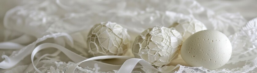 Artisanal craft Easter eggs wrapped in white lace and ribbons - obrazy, fototapety, plakaty