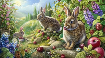 Berry bush bounty bunnies collecting eggs from within berry bushes - obrazy, fototapety, plakaty