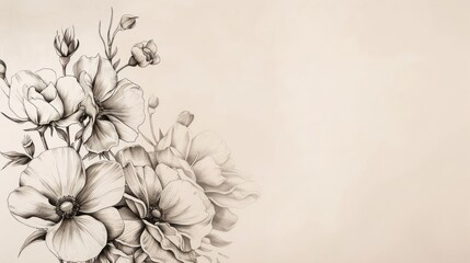 Black and white sketch of flowers beautifully decorating a wall. Copy space.