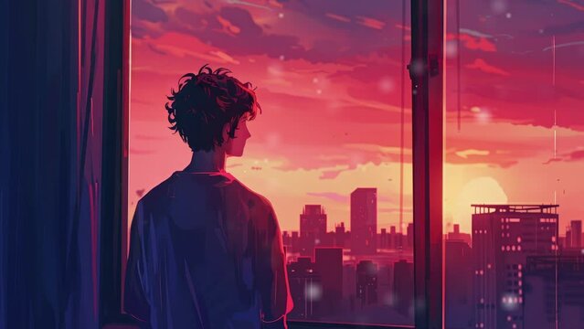 Anime man looking at the city from the window. Manga cartoon drawing of character watching at the town. Lofi inspired digital artwork. Moment of love. Small emotions. Happy male character. Lofi illus