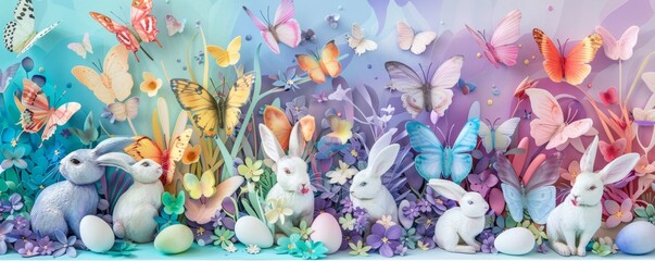 Butterfly whispers 3D Easter card with bunnies and eggs camouflaged among butterflies and blooms - obrazy, fototapety, plakaty