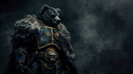 Full body shot of an anthropomorphic warhammer space marine bear, standing on the battlefield with a dark background in a cinematic photography style with depth of field and dramatic lighting - obrazy, fototapety, plakaty