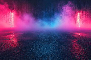 Fototapeta premium Neon wall with smoke, lit pink, purple, blue and empty textured floor