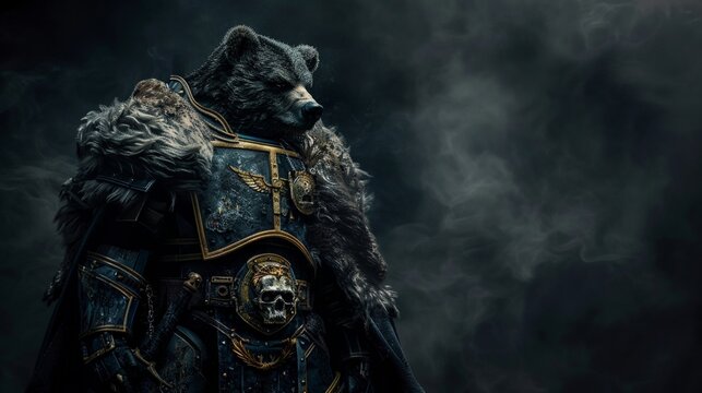 Full body shot of an anthropomorphic warhammer space marine bear, standing on the battlefield with a dark background in a cinematic photography style with depth of field and dramatic lighting