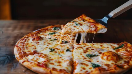 A pizza cutter slices through a Margherita pizza, separating it into neat, triangular slices. Pizzeria concept.