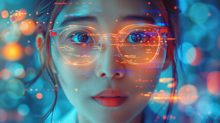 Close up of a young woman's face with advanced facial recognition interface graphics overlaying her features, symbolizing cutting edge biometric technology.