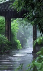 Chinese style architecture, a bamboo forest, a stone road, misty rain in the morning, green plants on both sides of the street, a wooden archway gate at the home entrance, a wet ground after rain