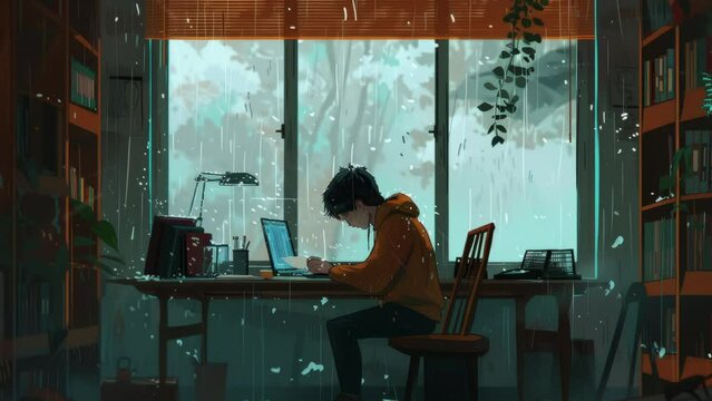 Cool Lofi boy studying at her desk Rainy or cloudy outside beautiful chill atmospheric wallpaper 4K streaming background. create using a tool. Lofi