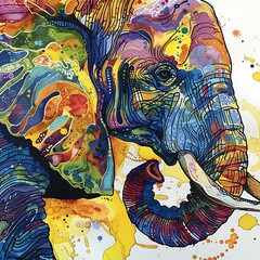 Side view. A colorful elephant in watercolor style against a white background.  animal pop art design.