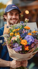 Man smiling while holding a mixed bouquet of colorful flowers. Flower delivery concept.