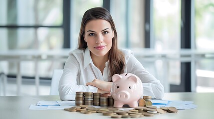 A young businesswoman sits with coins and a piggy bank in front of her. She smiles at the camera.