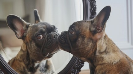 A French Bulldog  enthusiastically kissing its reflection in a mirror, showcasing their self-love