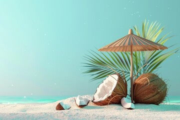 Coconuts under umbrella with beach and sea background