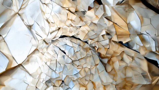 Countless origami pieces intricately interlock like crystals. Each meticulously folded sheet of paper forms a three-dimensional sculpture while reflecting light. 