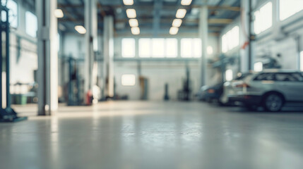 Blurred image of a modern car repair service with a focus on the foreground concrete floor