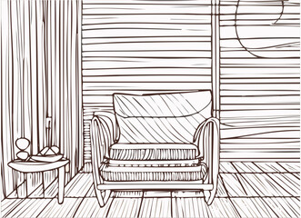Modern design interior with armchair and wood slat walls in one continuous line drawing. Hygge scandinavian decor and soft furniture chair in simple linear style. Doodle vector .