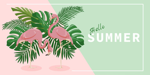 Summer background with tropical leaves and flamingos. Tropical colorful summer background template for banner, menu, invitation. Summer background with tropical vibes © Наталья Косаревич
