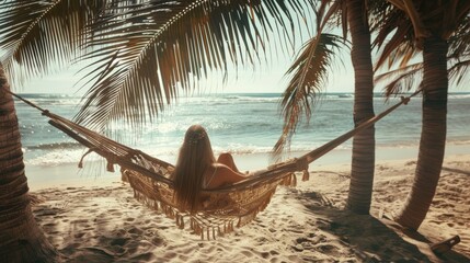 the woman relaxing in a luxurious hammock strung between palm trees, symbolizing ultimate relaxation