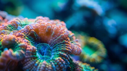 A close-up shot of a single coral formation with intricate details and vibrant colors, emphasizing the hidden beauty within the reef 