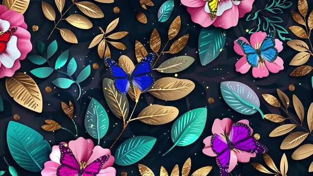 nature pattern background with folk art pink gold flowers and teal leaves paper cut. seamless looping overlay 4k virtual video animation background