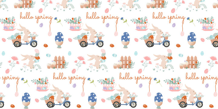 Happy Easter clip art. Pattern with cartoon characters in retro style. Easter bunny, flowers,bunny on bike, cup with Easter eggs, vase, bouquet.