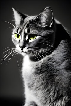 Black and white photo of cat with green eyes