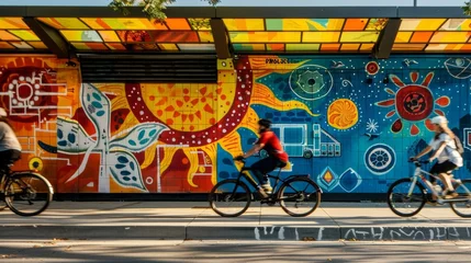 Foto op Canvas Cyclists riding past a solarpowered bus stop featuring a vibrant mural of the sun and ecofriendly symbols. . . © Justlight