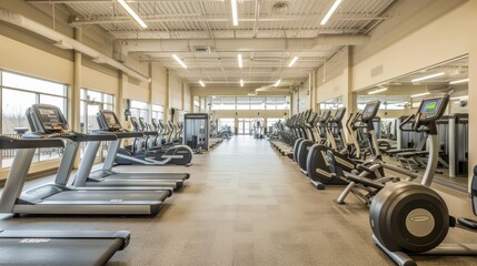 Rows of sleek and well-maintained cardio machines in a well-organized and visually appealing layout - obrazy, fototapety, plakaty